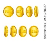 Spin golden coin with RM on the chip turnaround, set of rotation different angles