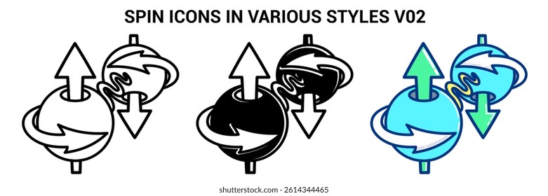 Spin icon represented by spin particle anda waves Line, Filled, Color style.