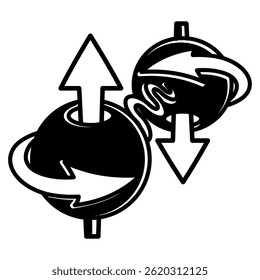 Spin icon represented by spin particle anda waves Black Filled style.