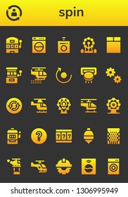spin icon set. 26 filled spin icons.  Collection Of - Slot machine, Rotate, Washing machine, Ferris wheel, Helicopter, Cogwheel, Loop, Question mark, Spinning top