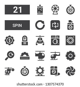 spin icon set. Collection of 21 filled spin icons included Vortex, Washing machine, Ferris wheel, Roulette, Helicopter, Cogwheel, Reload, Regeneration, Repeat, Circular arrow