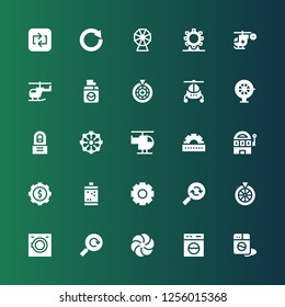 spin icon set. Collection of 25 filled spin icons included Washing machine, Vortex, Reload, Roulette, Cogwheel, Slot machine, Helicopter, Ferris wheel, Regeneration, Circular arrow