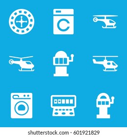 spin icons set. Set of 9 spin filled icons such as washing machine, helicopter, Roulette, Slot machine