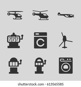 Spin icons set. set of 9 spin filled icons such as washing machine, helicopter, Slot machine