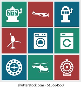 Spin icons set. set of 9 spin filled icons such as washing machine, helicopter, Roulette, Slot machine