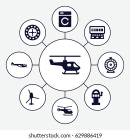 Spin icons set. set of 9 spin filled icons such as washing machine, helicopter, roulette, slot machine