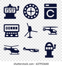 Spin icons set. set of 9 spin filled icons such as washing machine, helicopter, roulette, slot machine