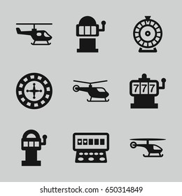 Spin icons set. set of 9 spin filled icons such as helicopter, roulette, slot machine