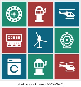 Spin icons set. set of 9 spin filled icons such as washing machine, helicopter, roulette, slot machine