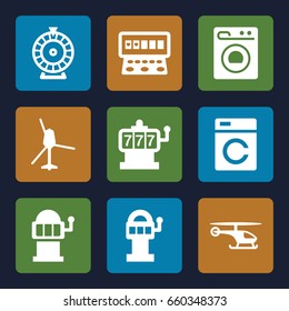 Spin icons set. set of 9 spin filled icons such as washing machine, slot machine, roulette, helicopter