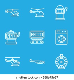 spin icons set. Set of 9 spin outline icons such as washing machine, helicopter, Slot machine