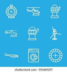 spin icons set. Set of 9 spin outline icons such as washing machine, helicopter, Roulette, Slot machine