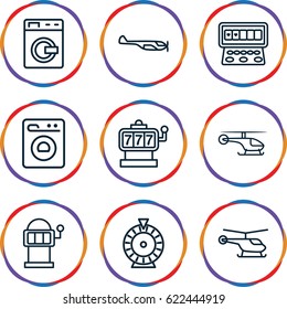 Spin icons set. set of 9 spin outline icons such as washing machine, helicopter, Slot machine
