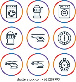 Spin icons set. set of 9 spin outline icons such as washing machine, helicopter, Roulette, Slot machine