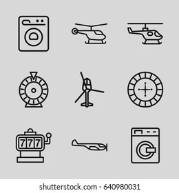 Spin icons set. set of 9 spin outline icons such as washing machine, helicopter, roulette