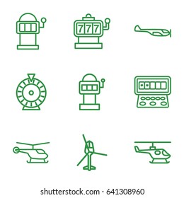 Spin icons set. set of 9 spin outline icons such as helicopter, slot machine, roulette