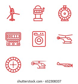 Spin icons set. set of 9 spin outline icons such as helicopter, roulette, slot machine, washing machine