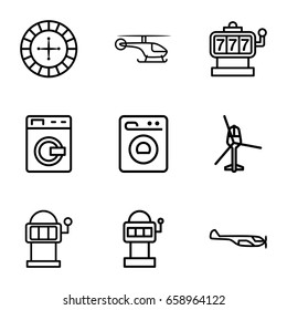 Spin icons set. set of 9 spin outline icons such as washing machine, helicopter, roulette, slot machine