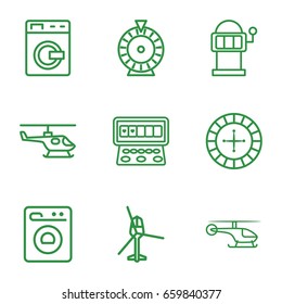 Spin icons set. set of 9 spin outline icons such as washing machine, roulette, slot machine