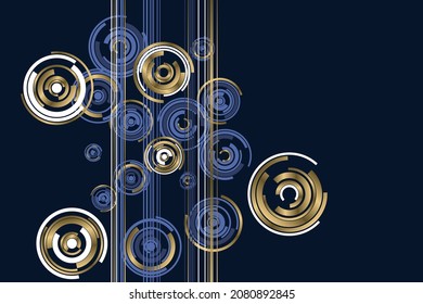 El círculo de rotación de giro da forma al fondo vectorial de movimiento en colores azul oscuro dorado y blanco. Bandas verticales de línea. Los círculos giratorios redondean las formas girando el fondo tecnológico del movimiento.