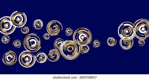Spin rotation circle shapes motion vector background. Rotating circles round shapes spin motion tech background. Twirl motion vector design. Rotating white gold elements on dark blue