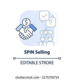 SPIN Selling Light Blue Concept Icon. Sales Technique Abstract Idea Thin Line Illustration. Enhance Customer Conversations. Isolated Outline Drawing. Editable Stroke. Arial, Myriad Pro-Bold Fonts Used