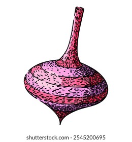 Spin Spinning Top handgezeichnet. Rotationsphysik, Bewegungsachse, Impuls-Friktion Spin Top-Vektorskizze. einzelne Farbgrafik