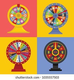 Juego de conceptos de banner de rueda giratoria. Ilustración plana de los conceptos cuadrados vectoriales del mundo de las ruedas 4 giratorias para la web