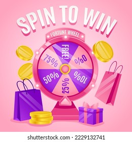 Spin to win banner. Lucky promotions with gift prize and sale discount, fortune spinning wheel game vector illustration. Rotating roulette, lottery game with gift boxes and shopping bags