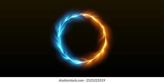 Spin yellow and blue fire ring with neon glowing tongues of flame and sparks for VS competition banner. Realistic 3d vector versus battle element - round fiery cold and hot frame with light effect.