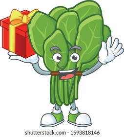 Spinach cartoon character with a box of gift