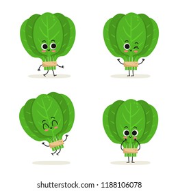 Spinach. Cute cartoon vegan protein food vector character set isolated on white