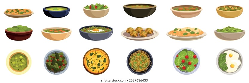 Spinach dishes icons set. Various spinach dishes are presented, highlighting the versatility of this nutritious leafy green in cooking