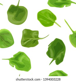 Spinach fresh juicy raw leaves seamless vector pattern isolated. Healthy diet, vegetarian food, spring summer vegetables