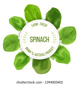 Spinach fresh juicy raw leaves around circle badge with place for text. Concept for logo, tag, advertising, prints, label