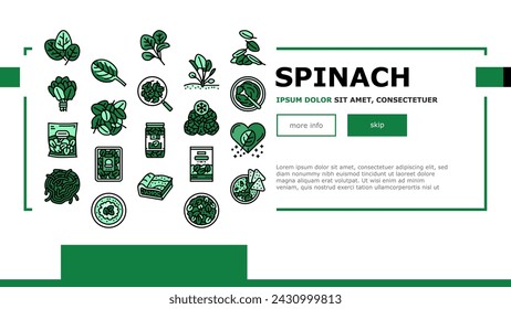 Vector de la página web del aterrizaje del ingrediente de comida sana de la espinaca. Sopa De Espinacas Y Espaguetis, Pasta Y Pastel. Ingrediente Natural De La Vitamina Enlatada Y En Caja De Plástico. Ilustración De Hojas Congeladas Y Crudas