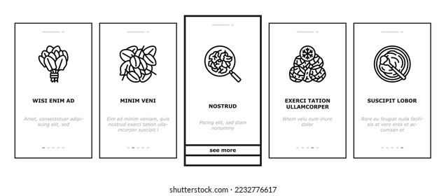 Spinach Healthy Eatery Ingredient onboarding mobile vector. Spinach Soup And Spaghetti, Pasta And Pie. Natural Vitamin Ingredient Canned And In Plastic Box. Frozen And Raw Leaves Color Illustrations