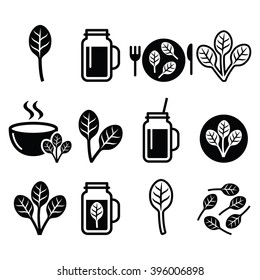 Spinach, healthy food - green smoothie icons set
