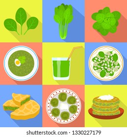 Spinach icons set. Flat set of spinach vector icons for web design