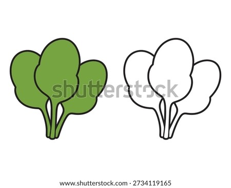 Spinach Leaf Vector Illustration for Kids Coloring Page.  Simple Bold Outline with colored version.