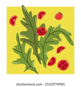 Hojas de espinacas y tomates cherry. Vegetal de rúcula fresca. Concepto de Vector de moda de nutrición saludable. Ilustración de la comida para el menú, café, restaurante, cartel, Anuncio, emblema, etiqueta engomada 