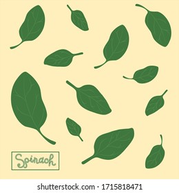 Spinach leaves of different shapes and sizes with an inscription. The concept of healthy eating. Detox, salads, smoothies. Vector illustration on an isolated background