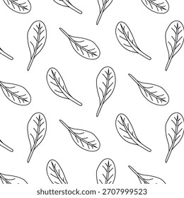 Hojas de espinaca en estilo doodle, patrón sin fisuras sobre un fondo blanco. Comida sana, fondo para el diseño de la cocina.