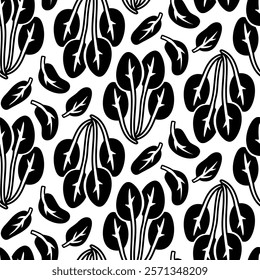 spinach pattern. Texture of leaves and bunches. Culinary seasonings and spices, hand-drawn. Seamless with details. Black silhouette on a white. Vector illustration. Seasonings, spices, food additives