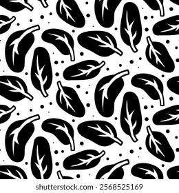 spinach pattern. Texture of leaves and dots. Culinary seasonings and spices, hand-drawn. Seamless with fine details. Black silhouette on white. Vector illustration. Seasonings, spices, food additives