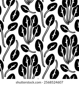 spinach pattern. Texture of the leaves and tufts is up. Culinary seasonings and spices. Seamless with fine details. Black silhouette on a white. Vector illustration. Seasonings, spices, food additives