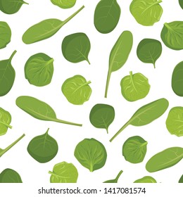 Spinach seamless pattern with colorful fresh leaves of spinach isolated on white background. Vector cartoon illustration
