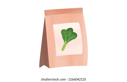 Spinach seeds package watercolor illustration isolated on white background. Pack of spinach seeds clipart cartoon style. Vegetable seeds package watercolor drawing. Garden work. Garden package of seed