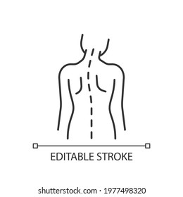 Spinal abnormalities linear icon. Head tilt. Thoracic scoliosis. Muscle weakness. Radicular pain. Thin line customizable illustration. Contour symbol. Vector isolated outline drawing. Editable stroke