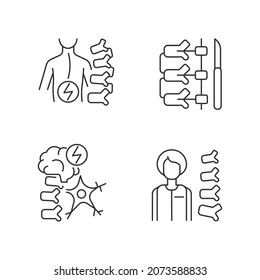 Spinal column disorders linear icons set. Scoliosis and neuromuscular disability. Orthopedic surgeon. Customizable thin line contour symbols. Isolated vector outline illustrations. Editable stroke